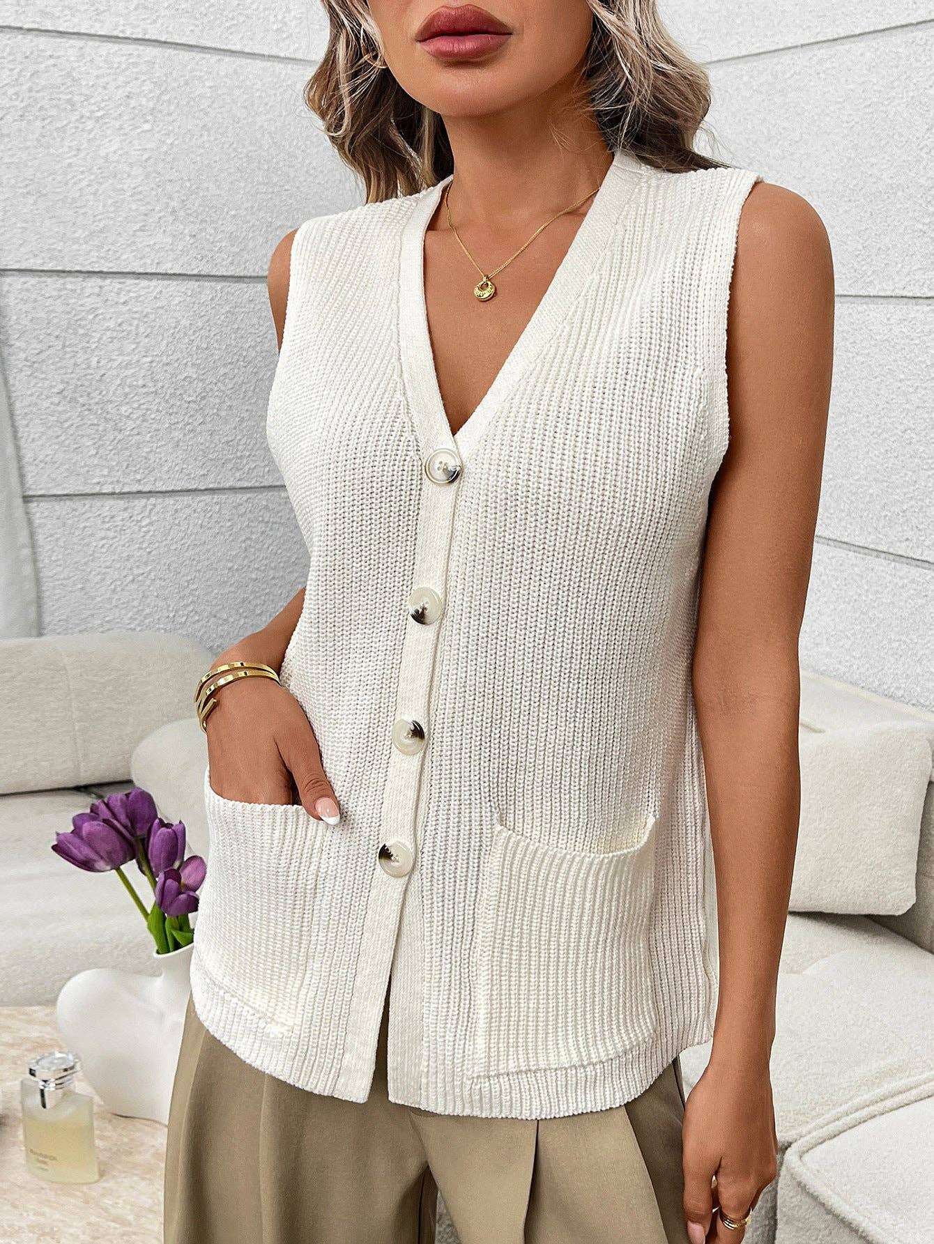 Women’s Sleeveless Knit Button Down Cardigan Sweater Vest