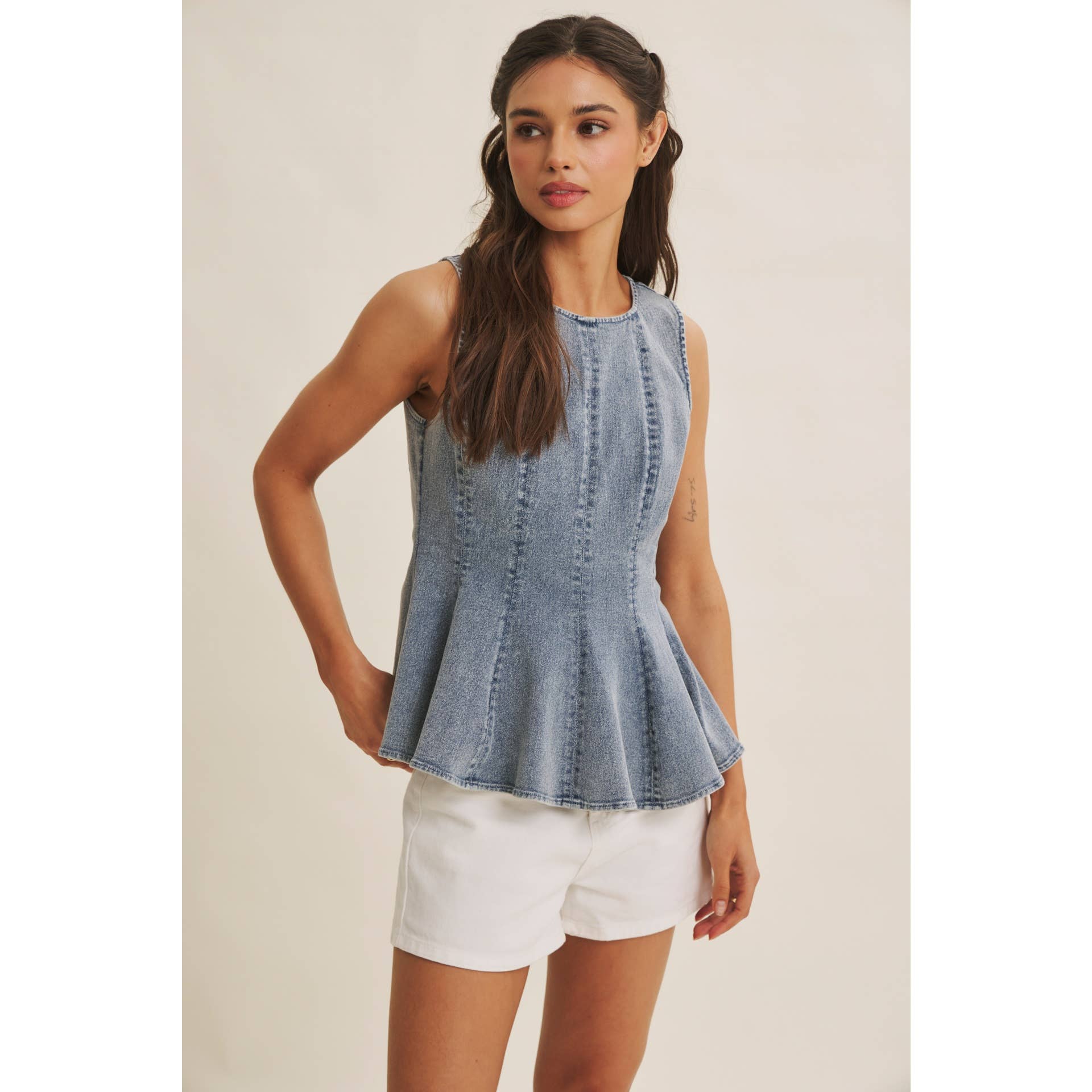 SUNLIT COAST MINERAL-WASHED STRETCH DENIM PEPLUM TOP