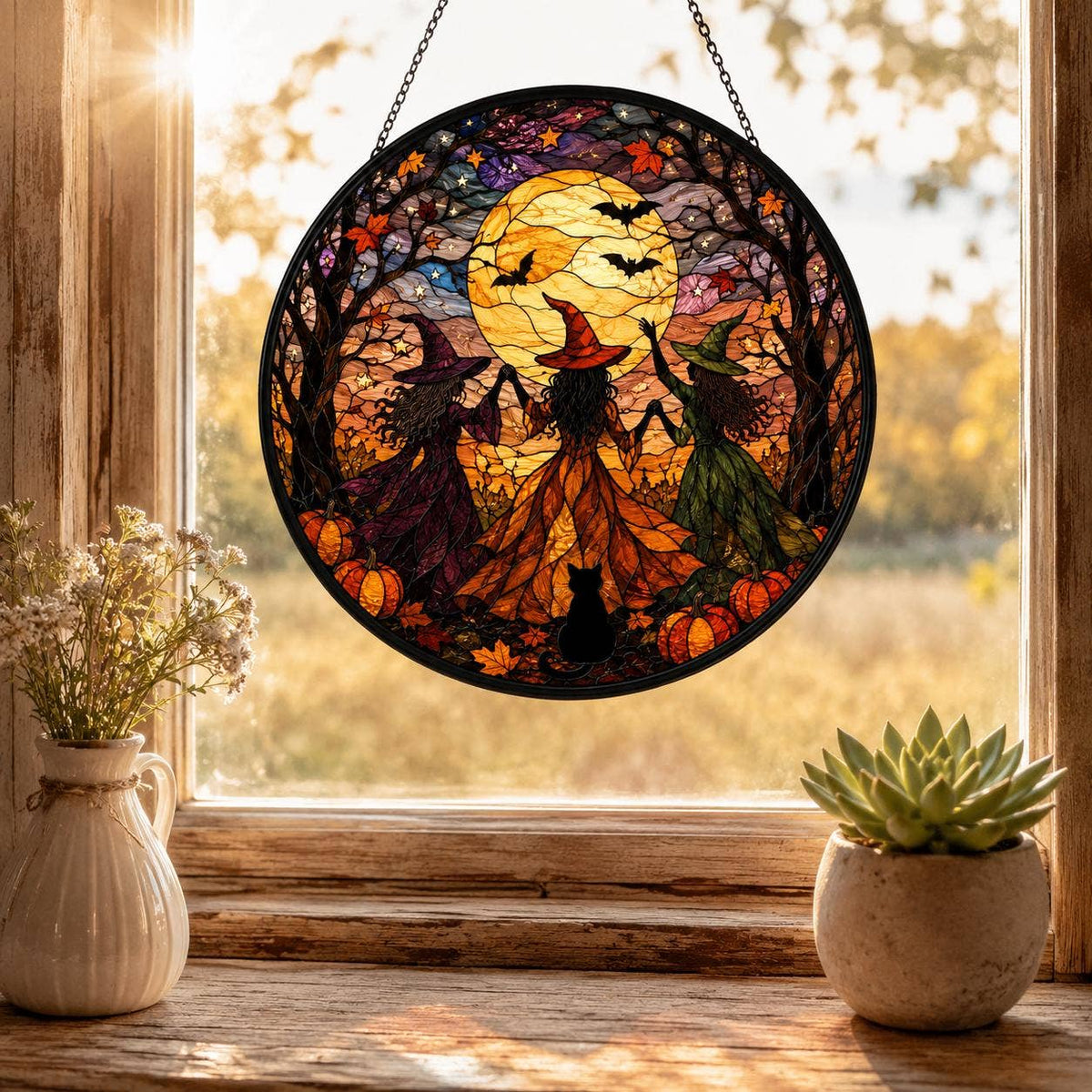 Halloween Witch Suncatcher, Stained Glass Style Window