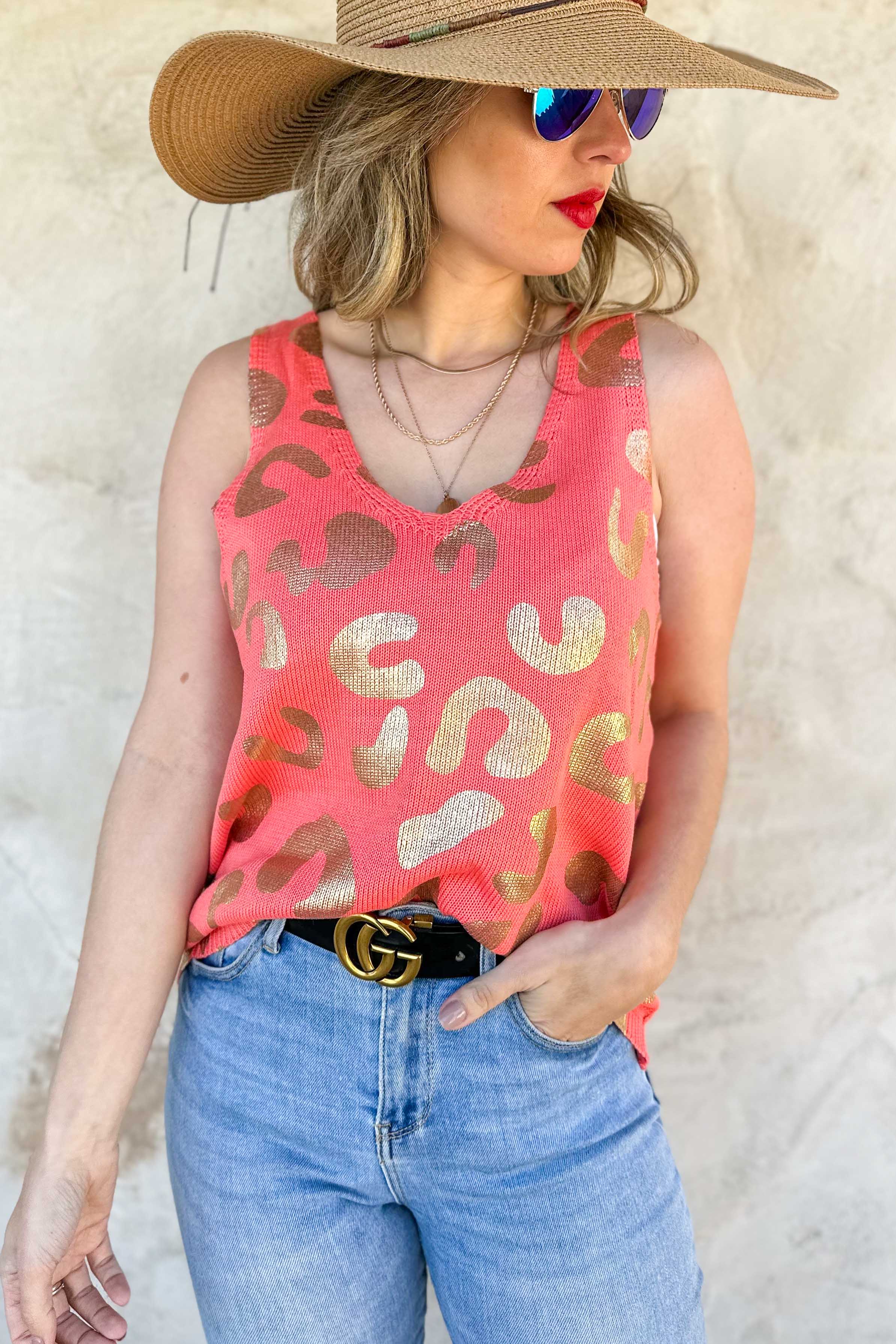 Coral Gold Leopard Printed Sleeveless V Neck Knitted Top