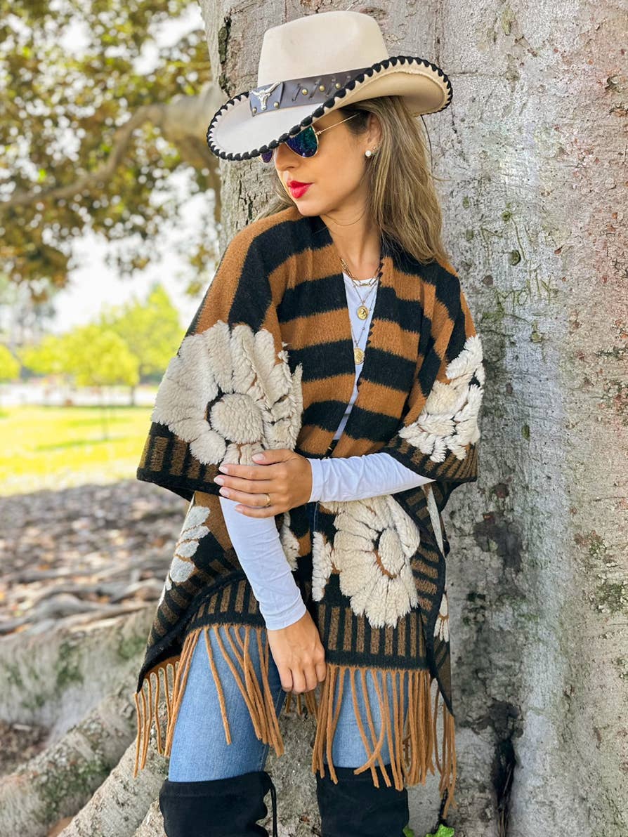 Brown Western Boho 3D Floral Stripe Fringe Ruana Cardigan
