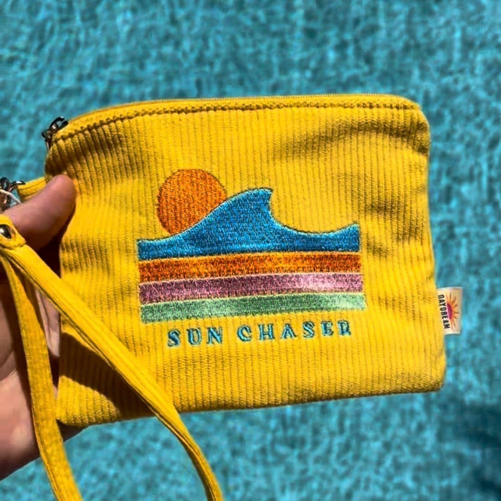 Corduroy wristlet 7" Zip pouch | Embroidered pouch | Summer