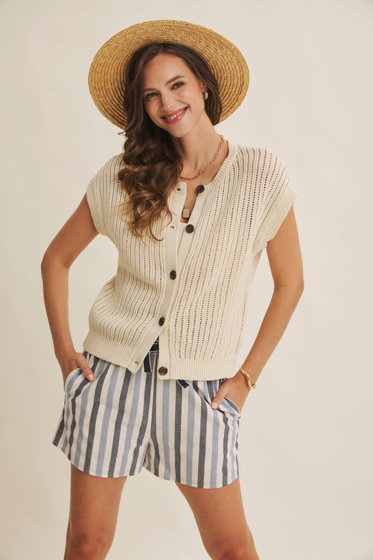 BREEZY NATURAL COTTON OPEN KNIT BUTTON-DOWN SWEATER VEST