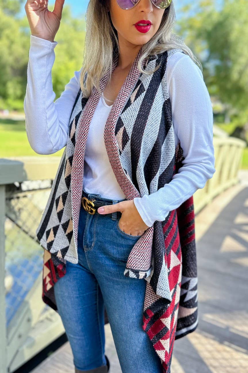 Western Aztec Printed Open Front Knitted Cowl Vest