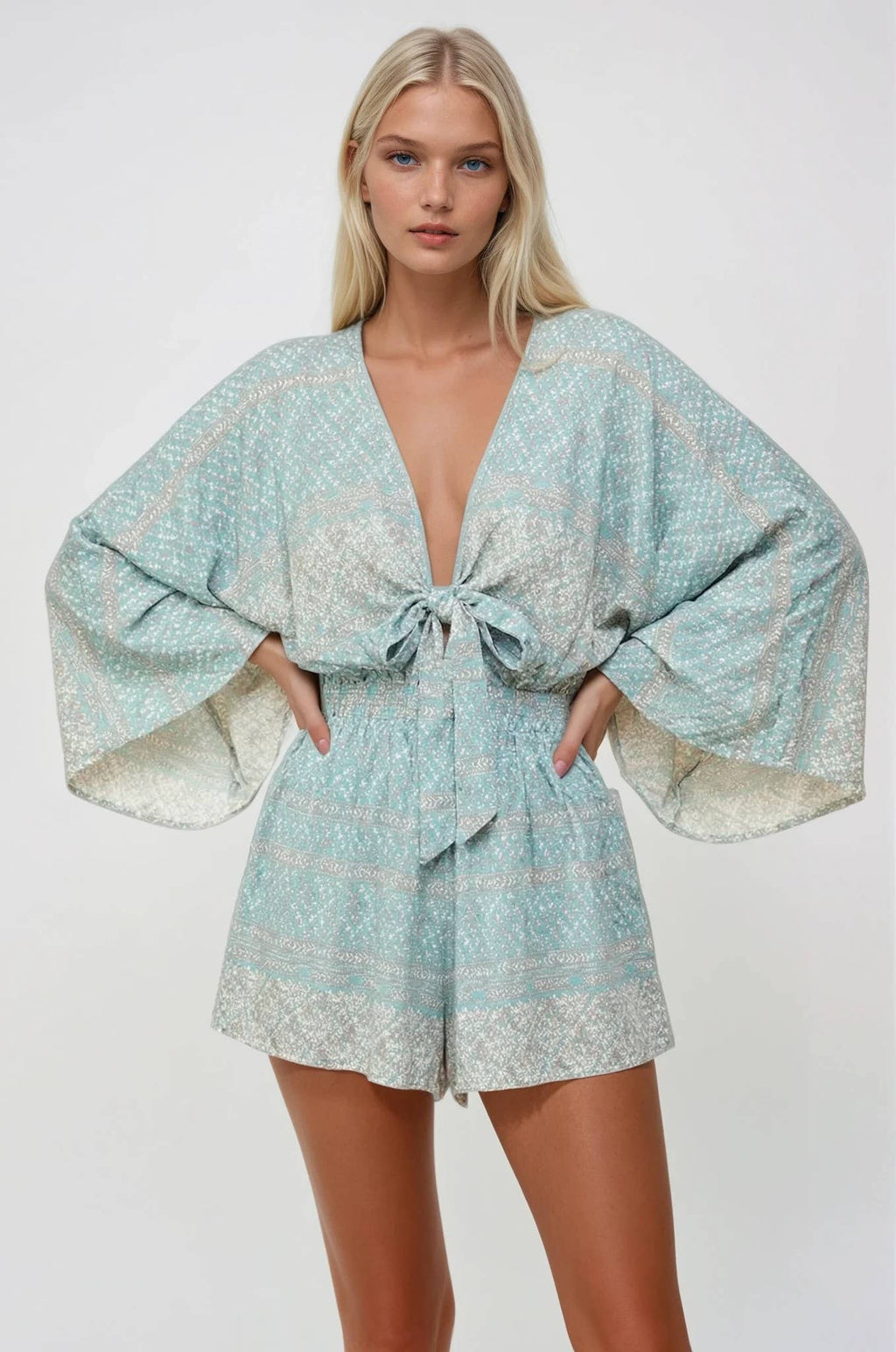 BATWING SLEEVED BOHO PAISLEY PRINT ROMPER 4411RM