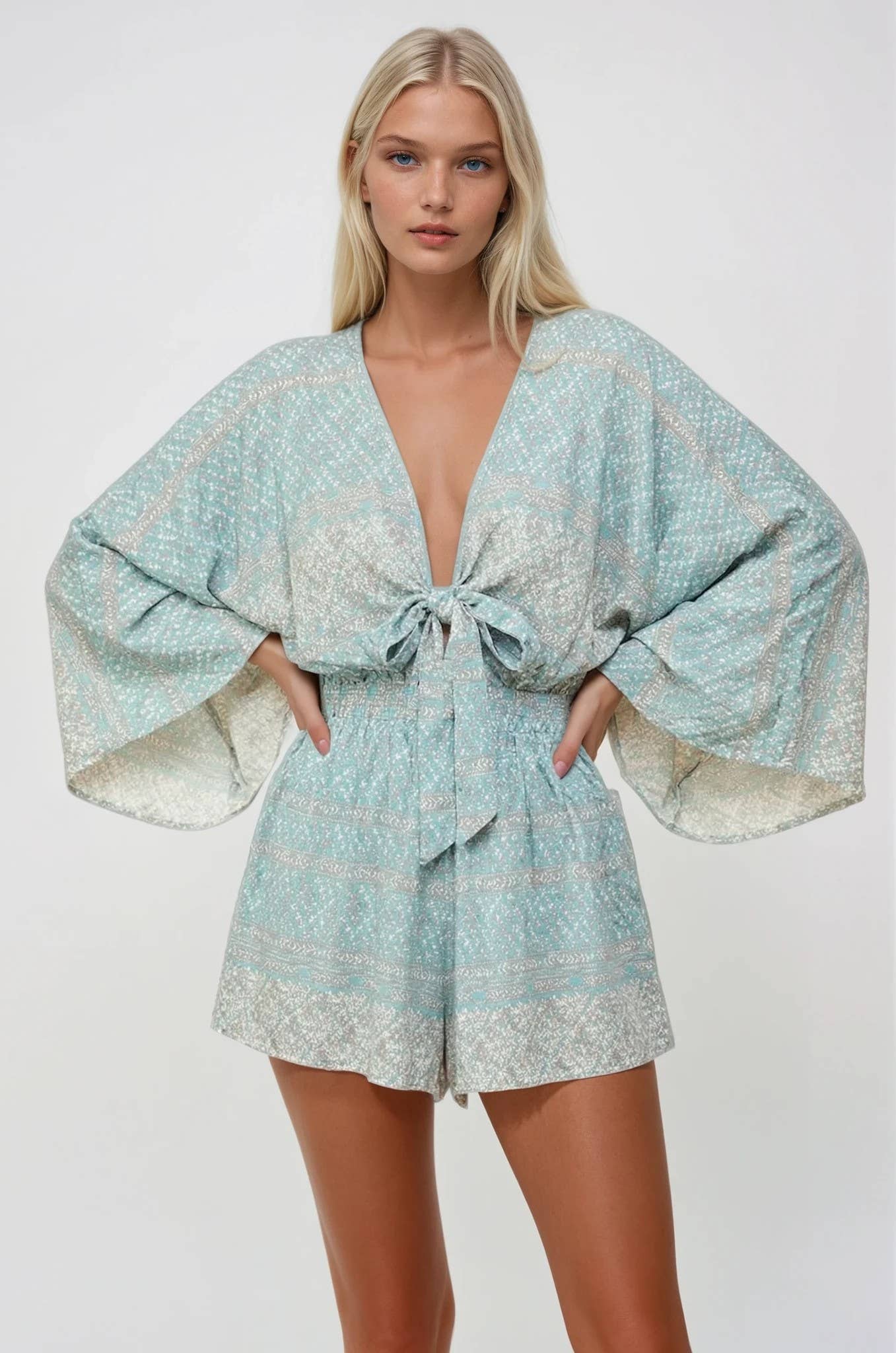 BATWING SLEEVED BOHO PAISLEY PRINT ROMPER 4411RM