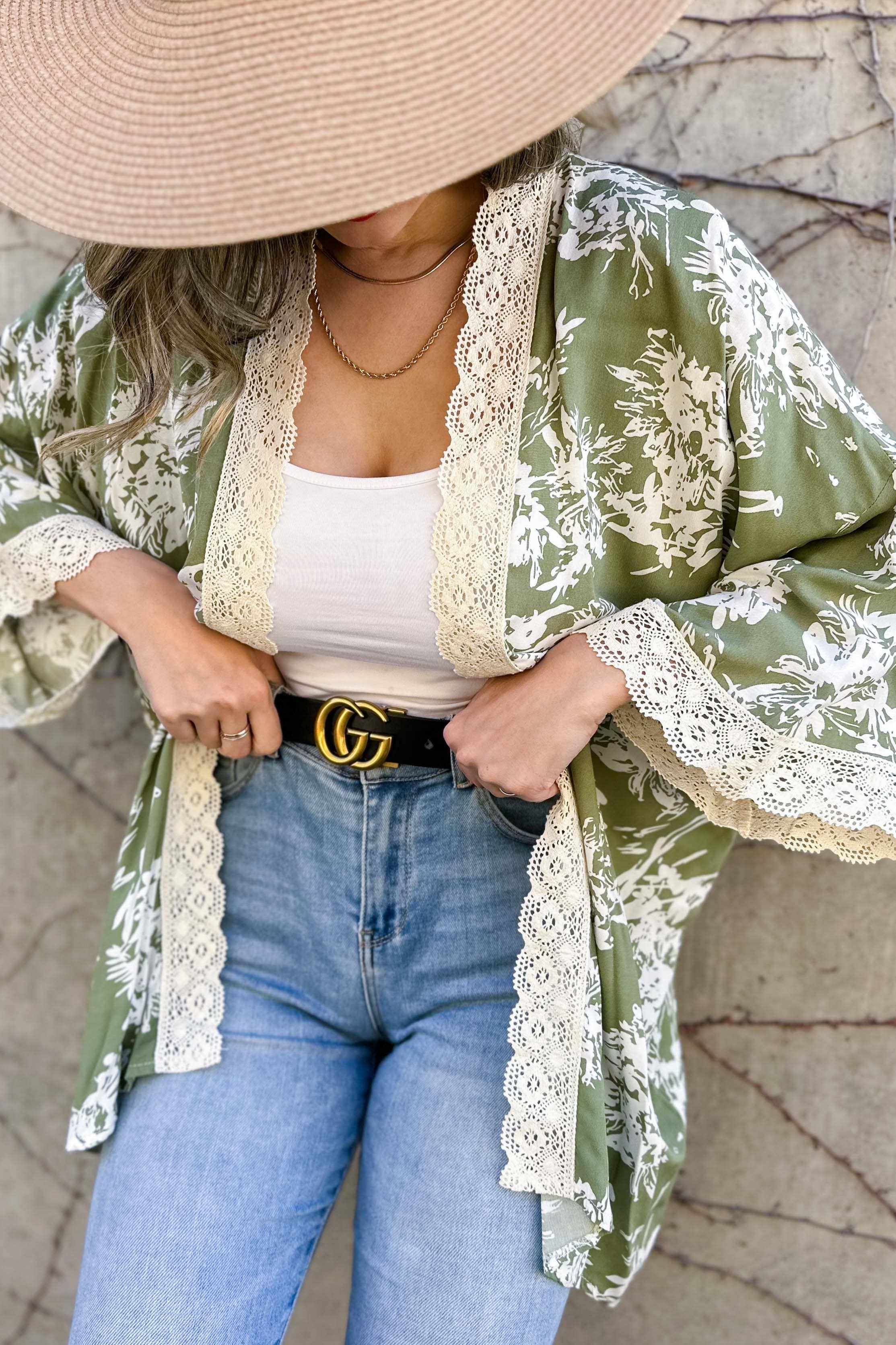 Olive Floral Print Lace Detail 3/4 Sleeve Kimono Cardigan