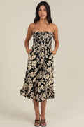 SMOCKED BODICE STRAPLESS MIDI DRESS W POCKETS