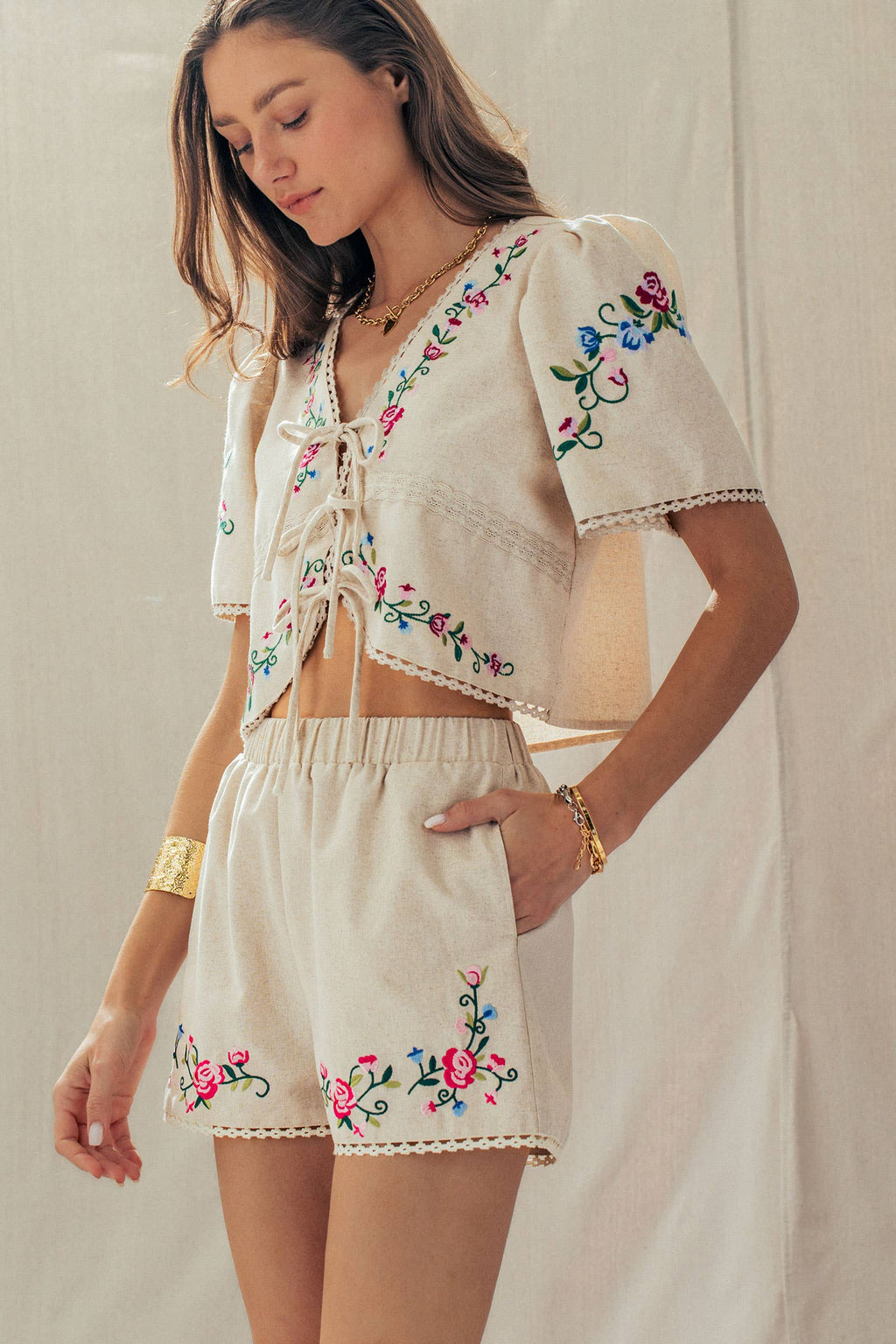 Embroidered Tie-Front Boho Crop Top