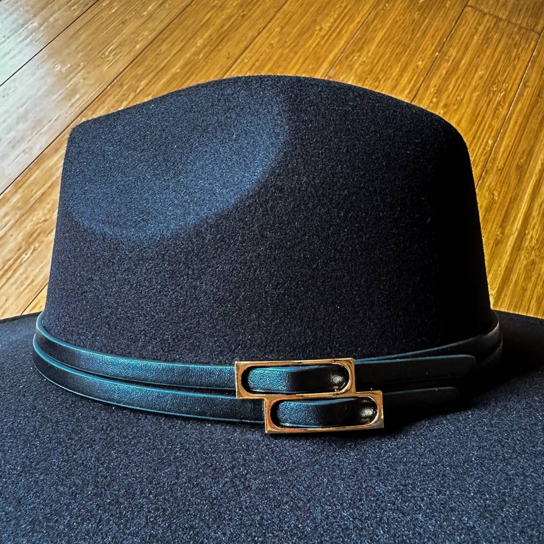 Sleek Black Fedora with Faux Leather Double Buckle Trim