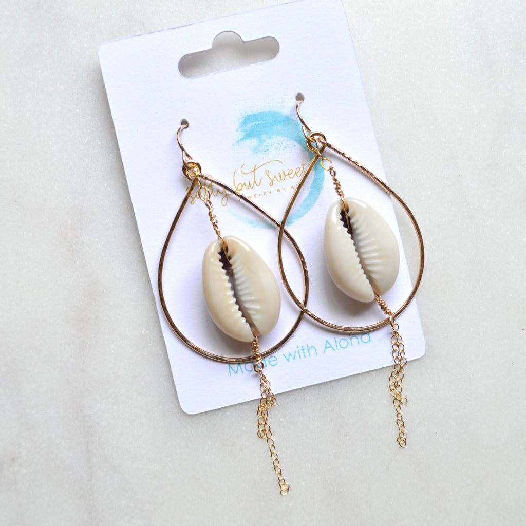 Shell earrings on a card with 'Make with Aloha' branding on a light gray background