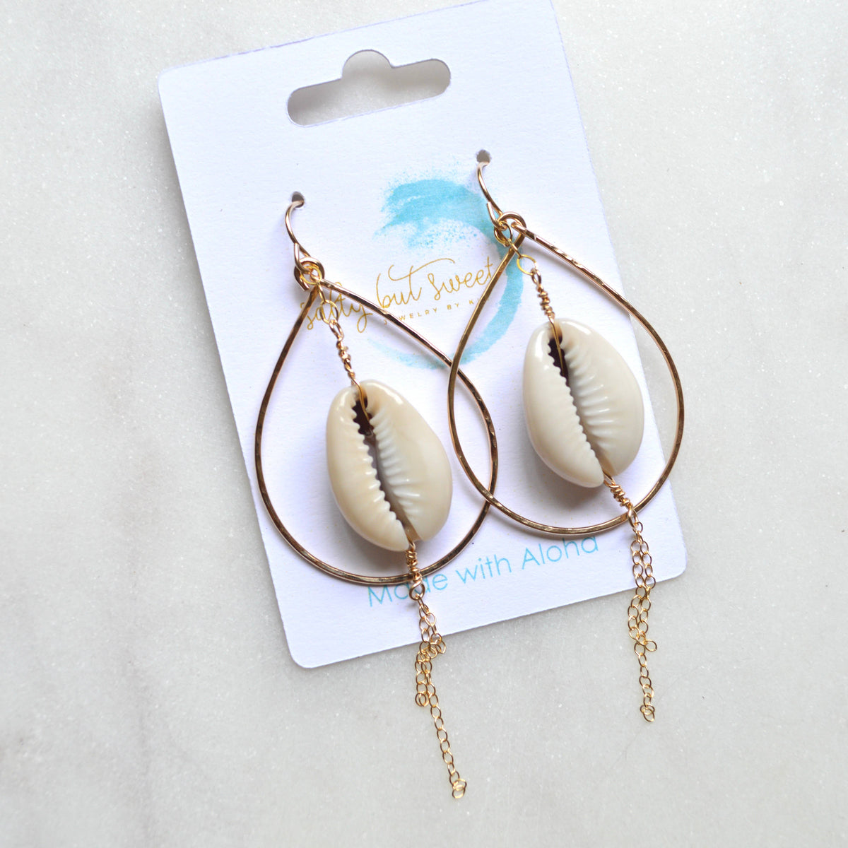 Shell earrings on a card with 'Make with Aloha' branding on a light gray background