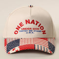 Cap with 'One Nation Under God' text and American flag design on a beige background