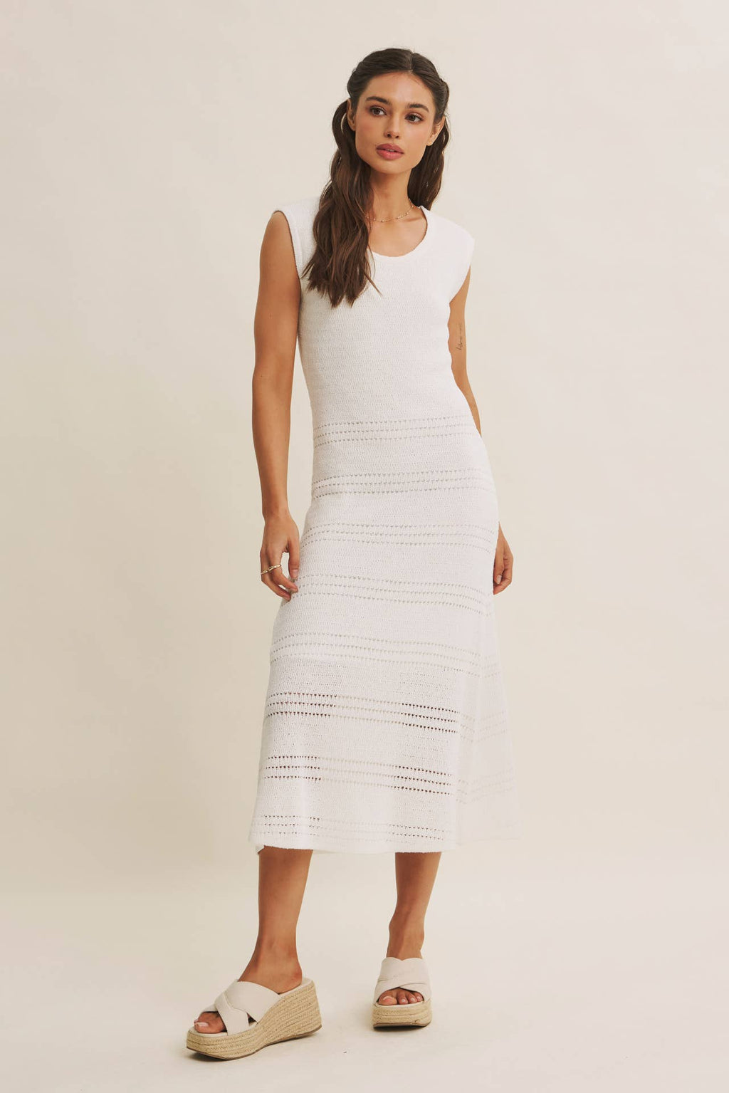 MINIMAL MUSE DROP SHOULDER FITTED TEXTURED KNIT MIDI DRESS