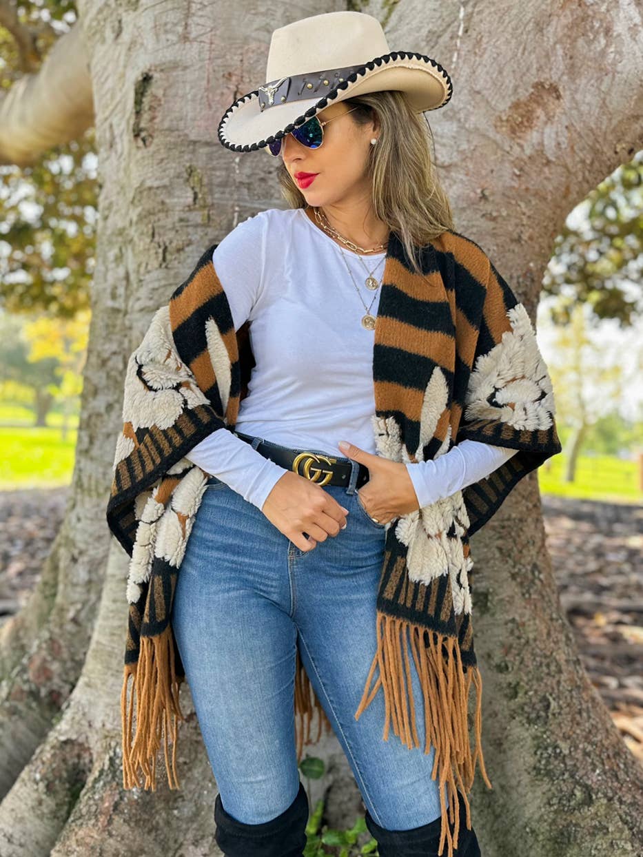 Brown Western Boho 3D Floral Stripe Fringe Ruana Cardigan