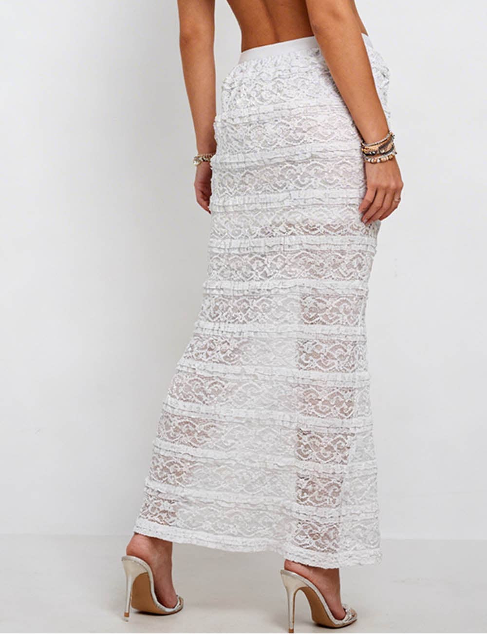 Ladies Tiered Ruffle Metallic Thread Trim Sheer Lace Maxi Skirt