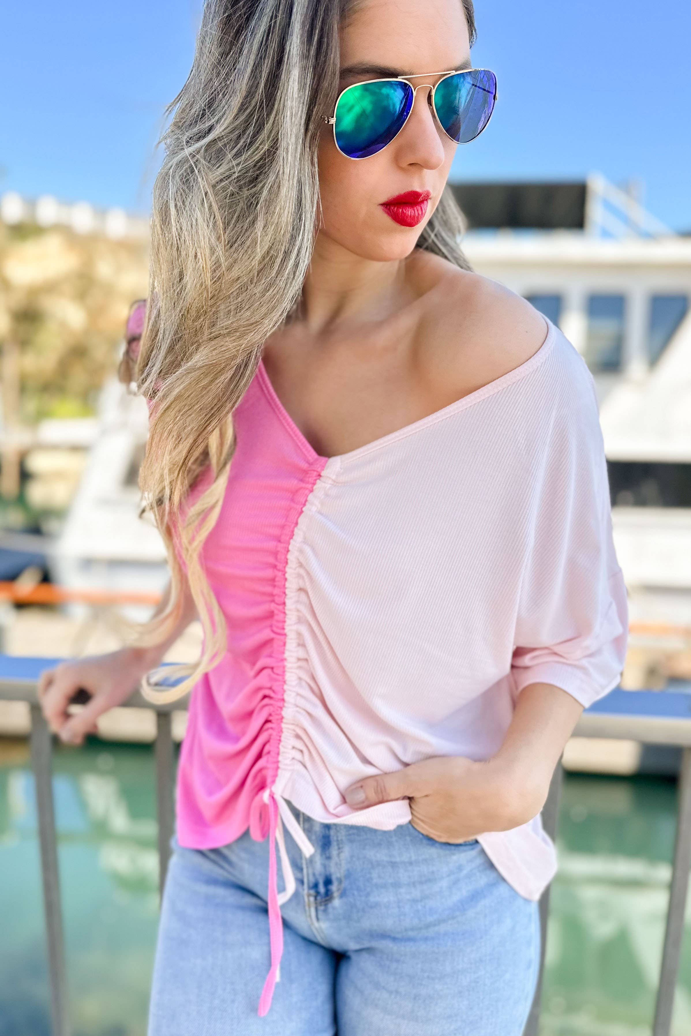 Pink Cinched Front Shirred Color Block Short Sleeve Knit Top