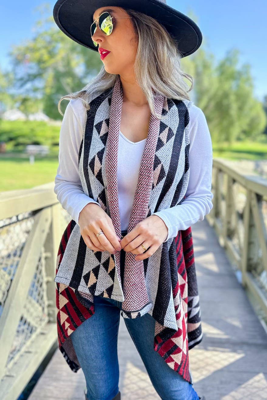 Western Aztec Printed Open Front Knitted Cowl Vest