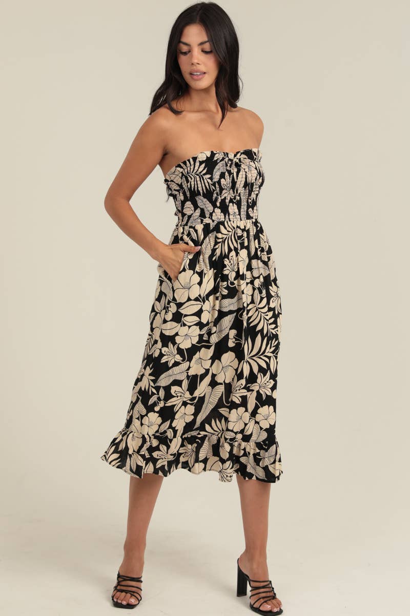 SMOCKED BODICE STRAPLESS MIDI DRESS W POCKETS