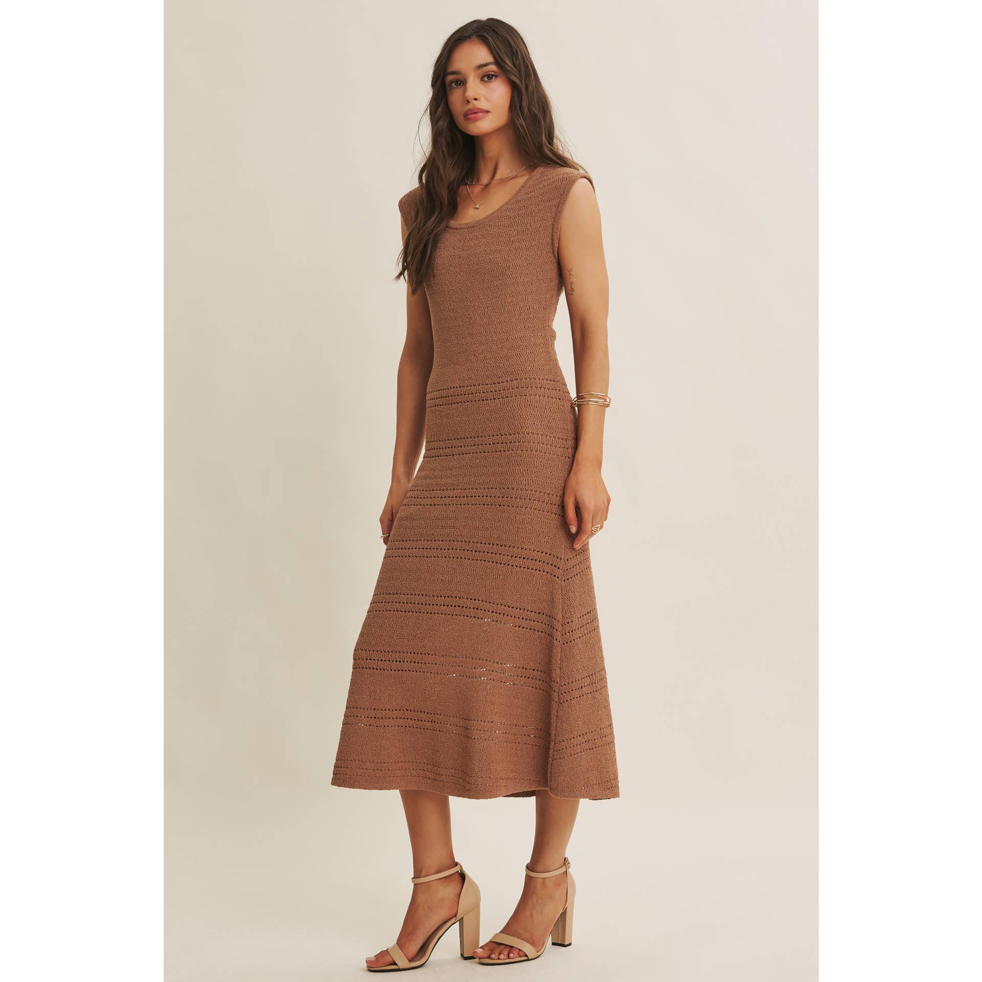 MINIMAL MUSE DROP SHOULDER FITTED TEXTURED KNIT MIDI DRESS