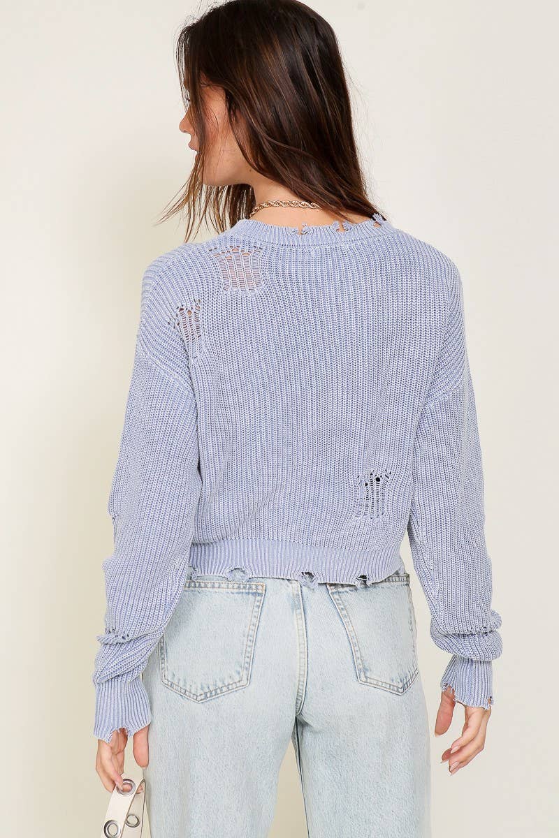 Cropped Mineral Wash Distressed Sweater