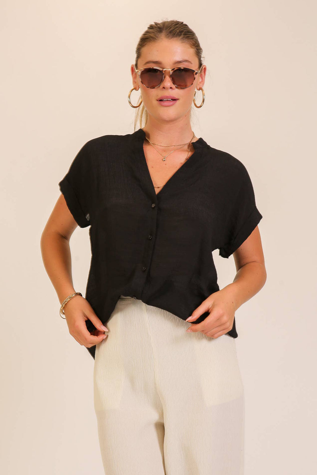Textured Gauze Button-Front Blouse