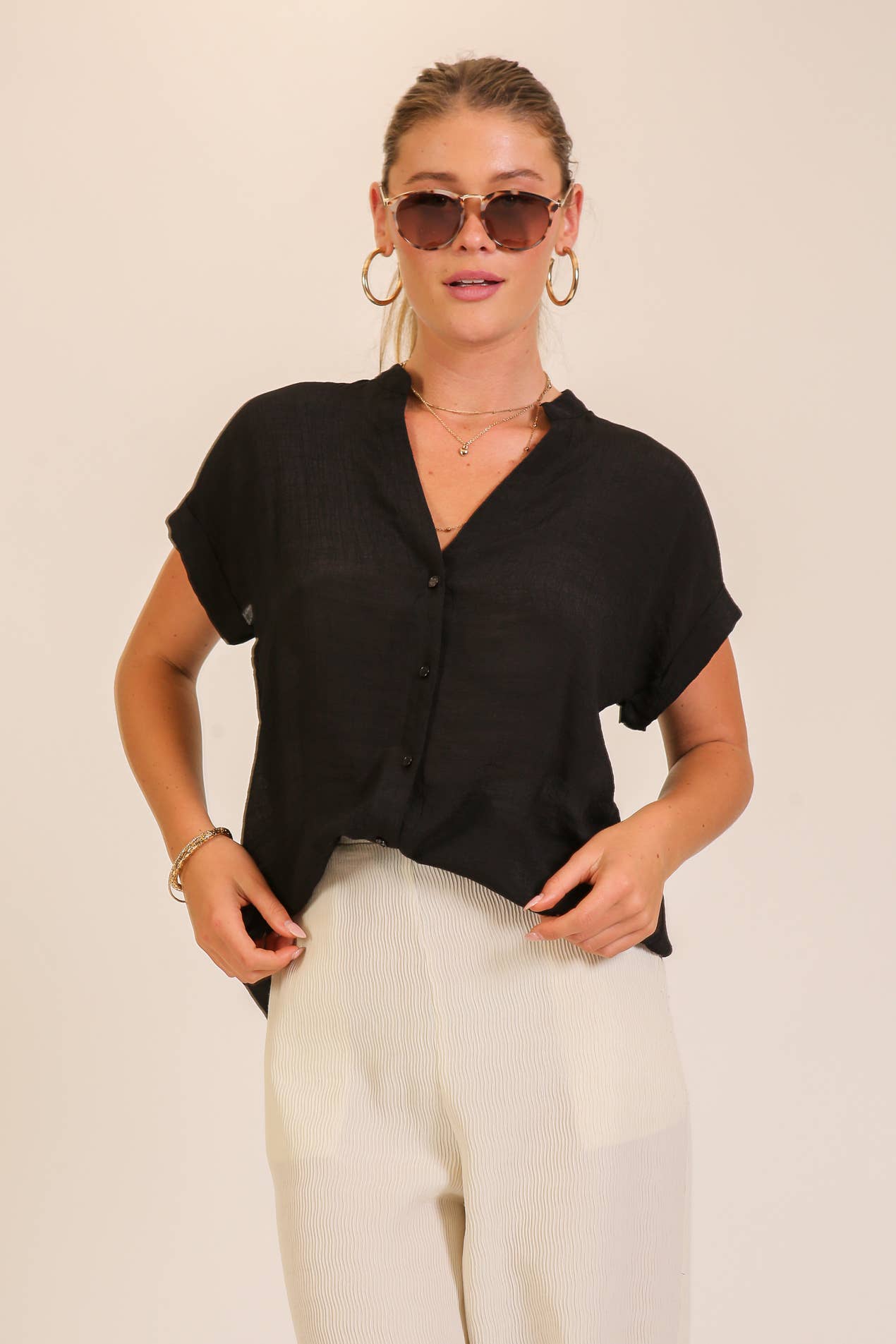 Textured Gauze Button-Front Blouse