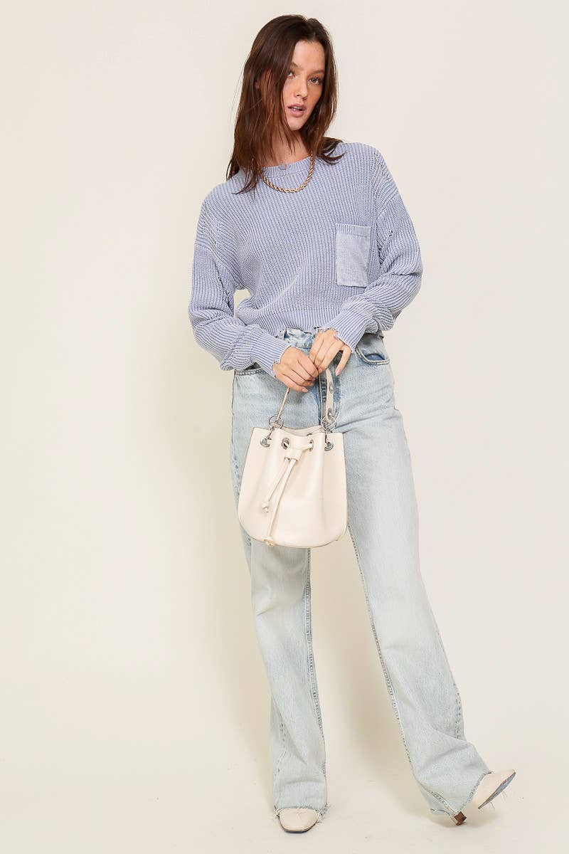 Cropped Mineral Wash Distressed Sweater