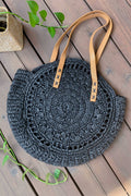 Black Summer Straw Natural Beach Casual Lightweight Tote Bag