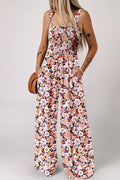 Spring Floral Print Smocked High Waist Square Neck Jumpsuit