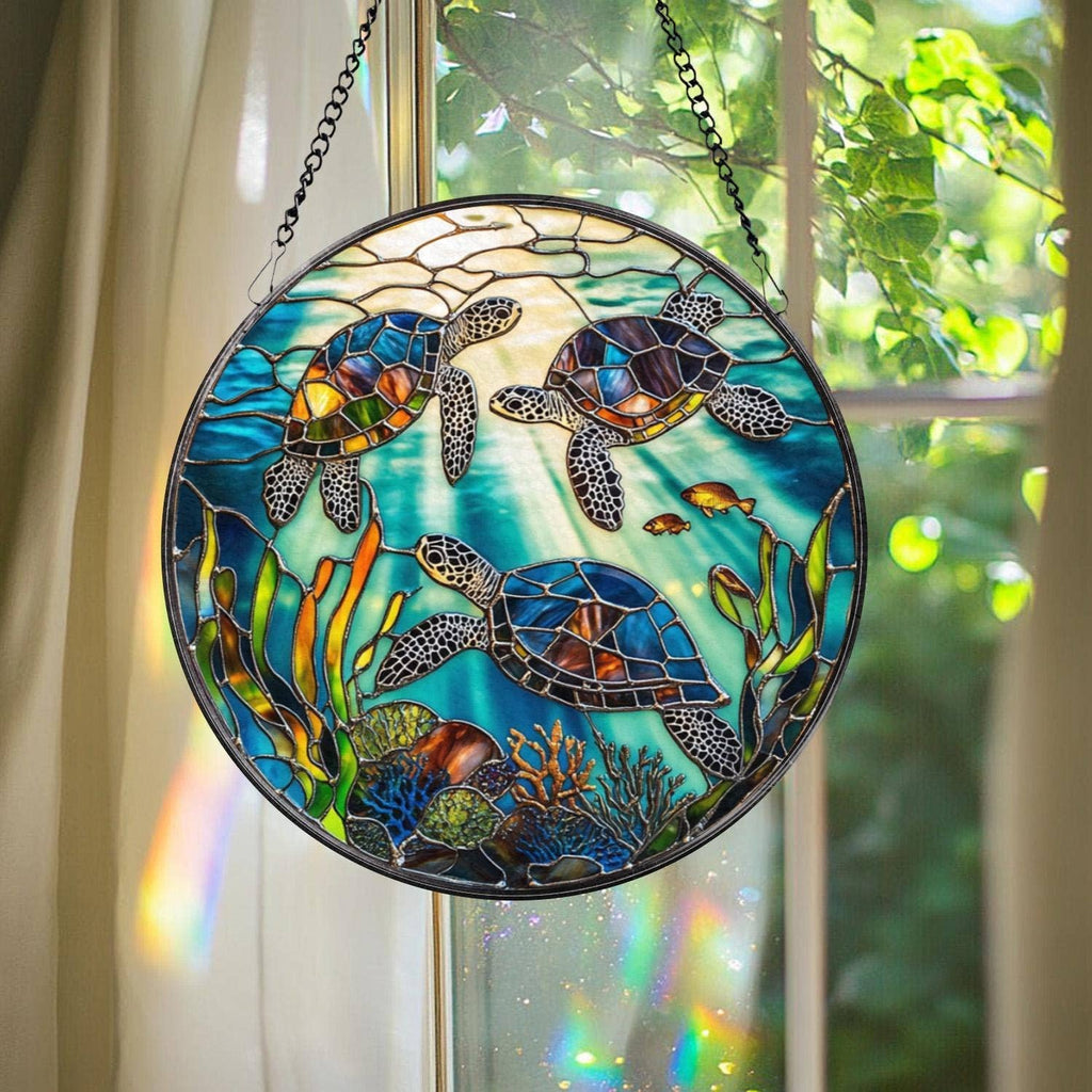 Sea Turtle Stained Glass Suncatcher, Ocean Window Hanging
