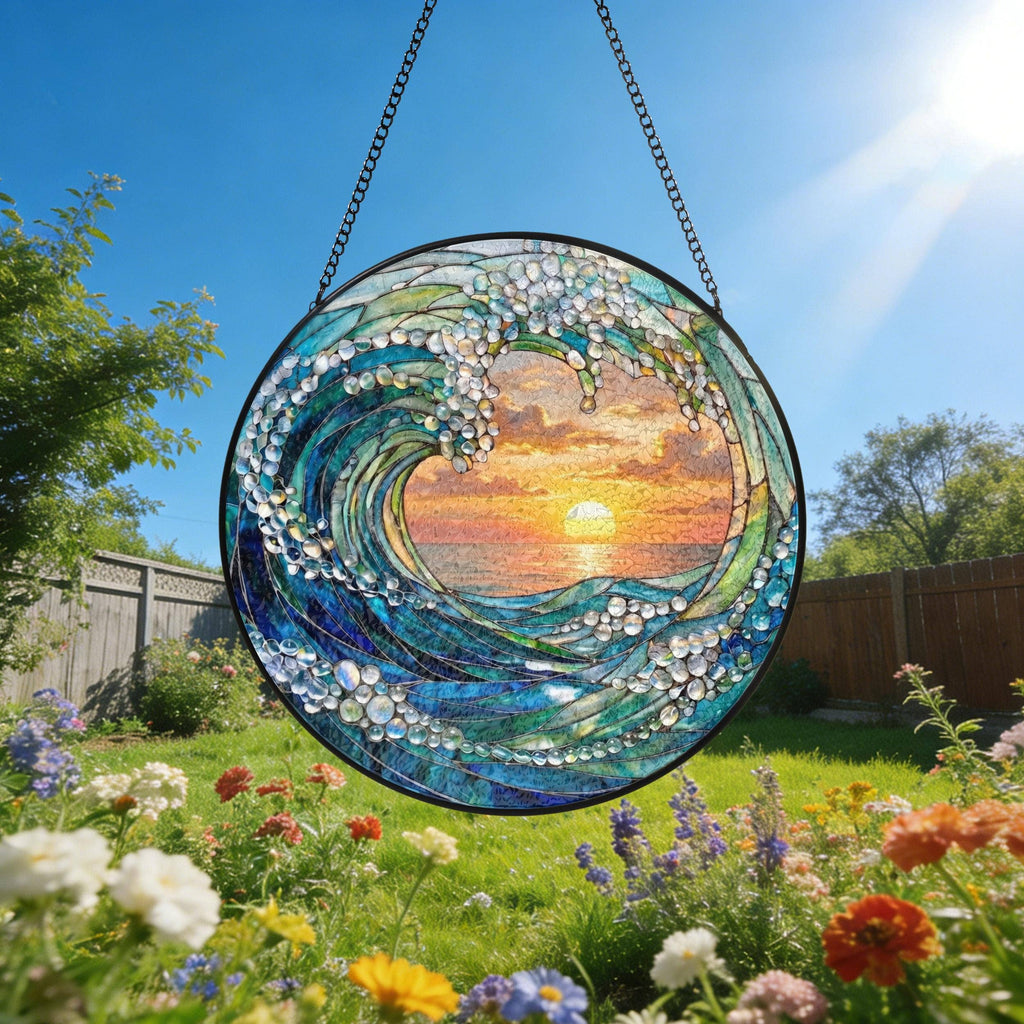Ocean Wave Stained Glass Suncatcher, Beach Coastal