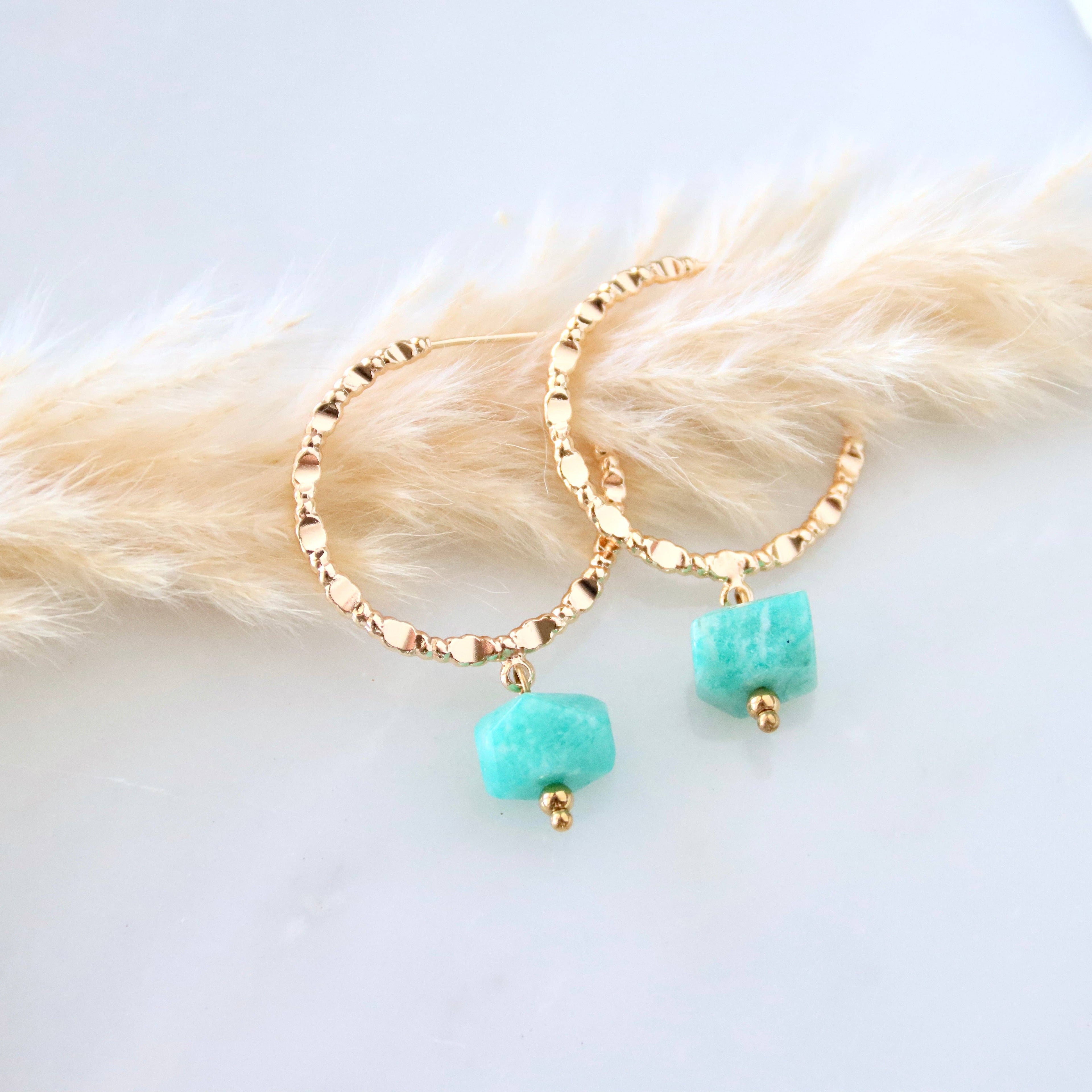 African Turquoise Textured Hoop Earrings
