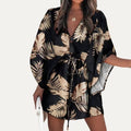 Floral Print Button Tying Wasit Half Sleeve Cover Up