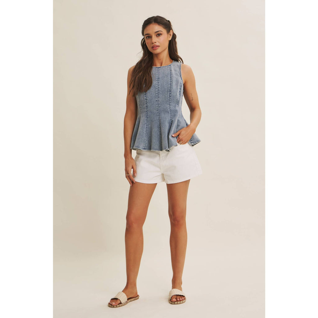 SUNLIT COAST MINERAL-WASHED STRETCH DENIM PEPLUM TOP