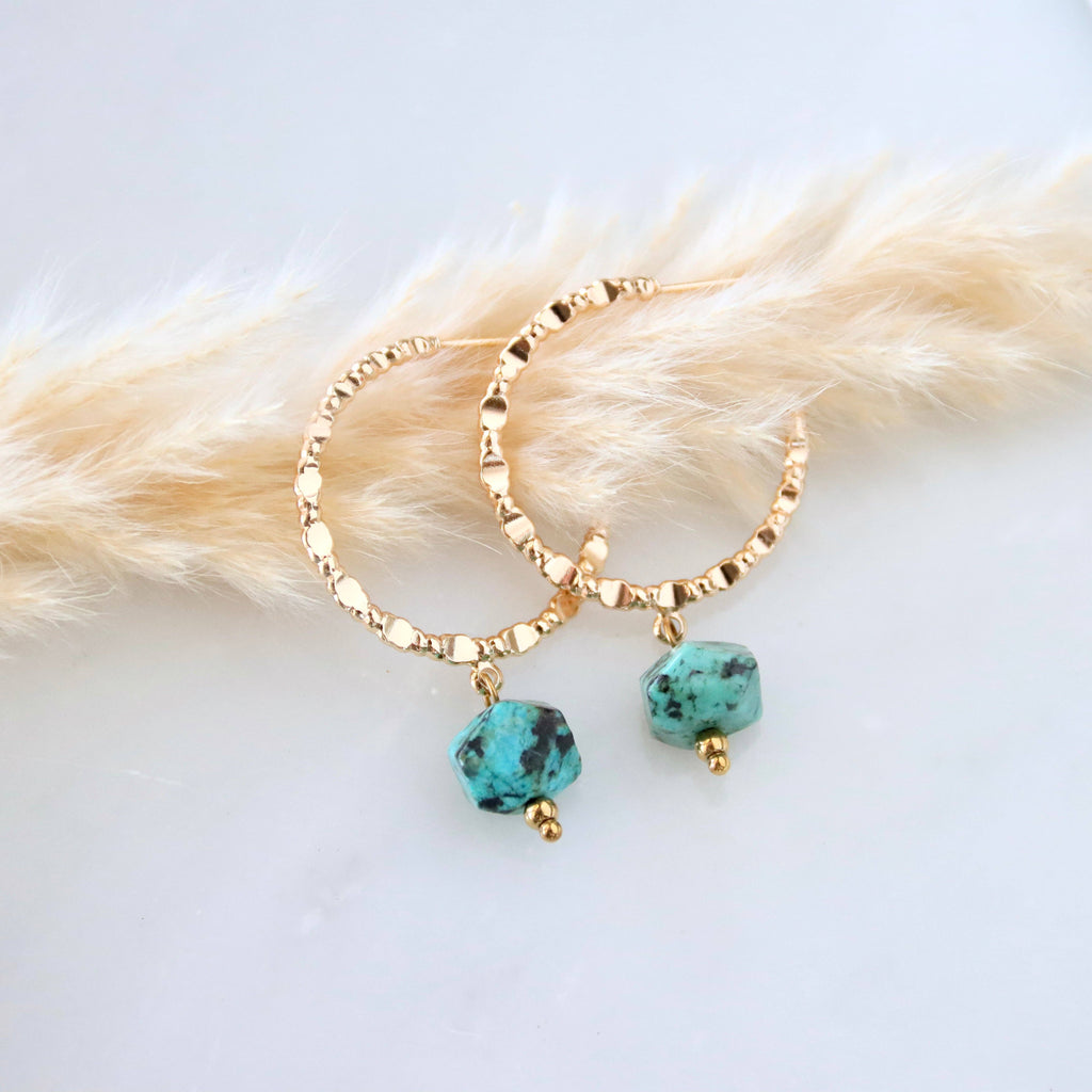 African Turquoise Textured Hoop Earrings