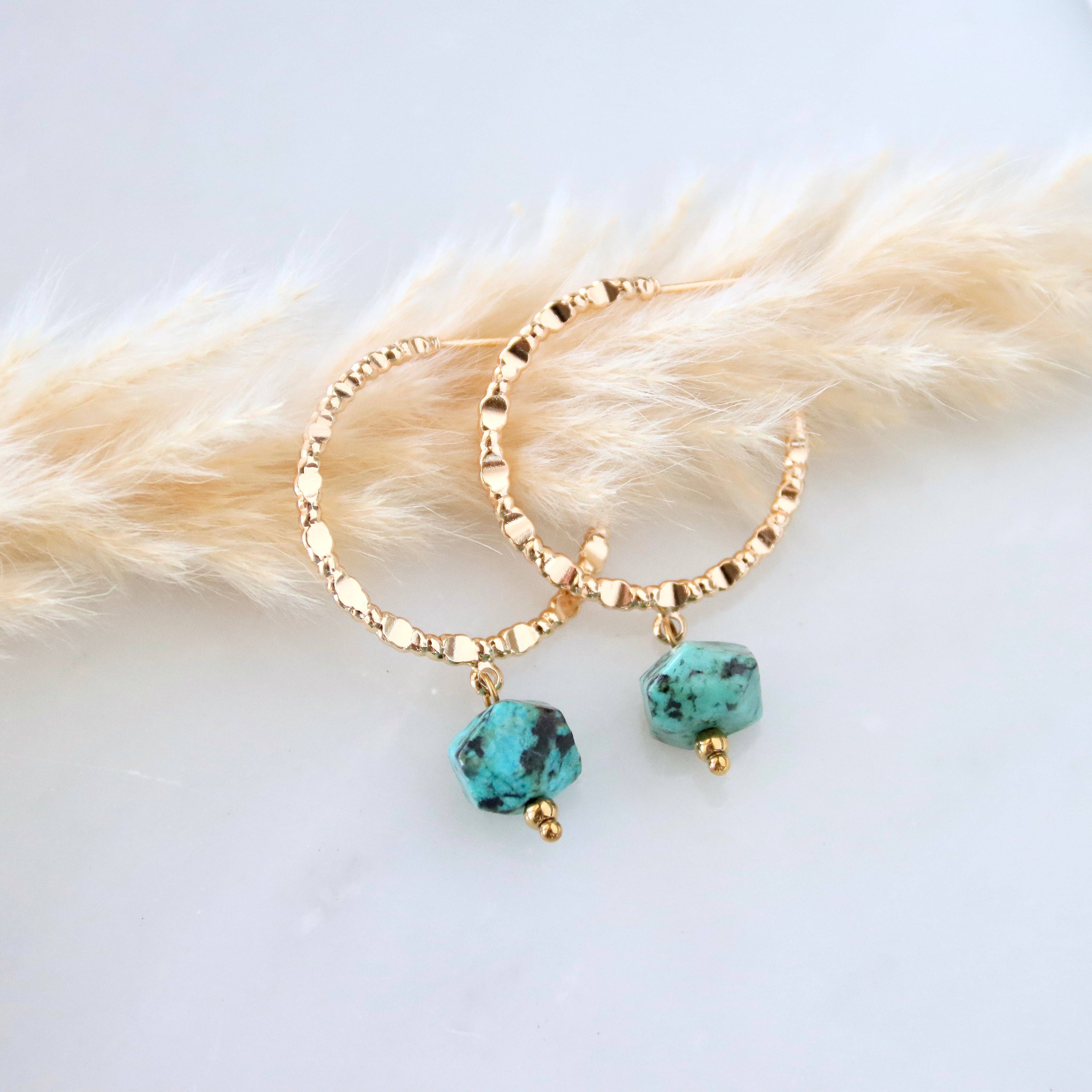 African Turquoise Textured Hoop Earrings