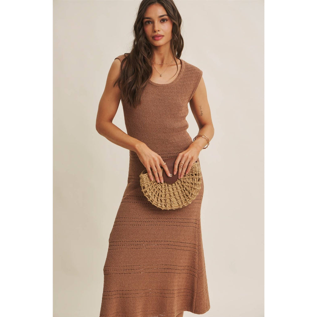 MINIMAL MUSE DROP SHOULDER FITTED TEXTURED KNIT MIDI DRESS
