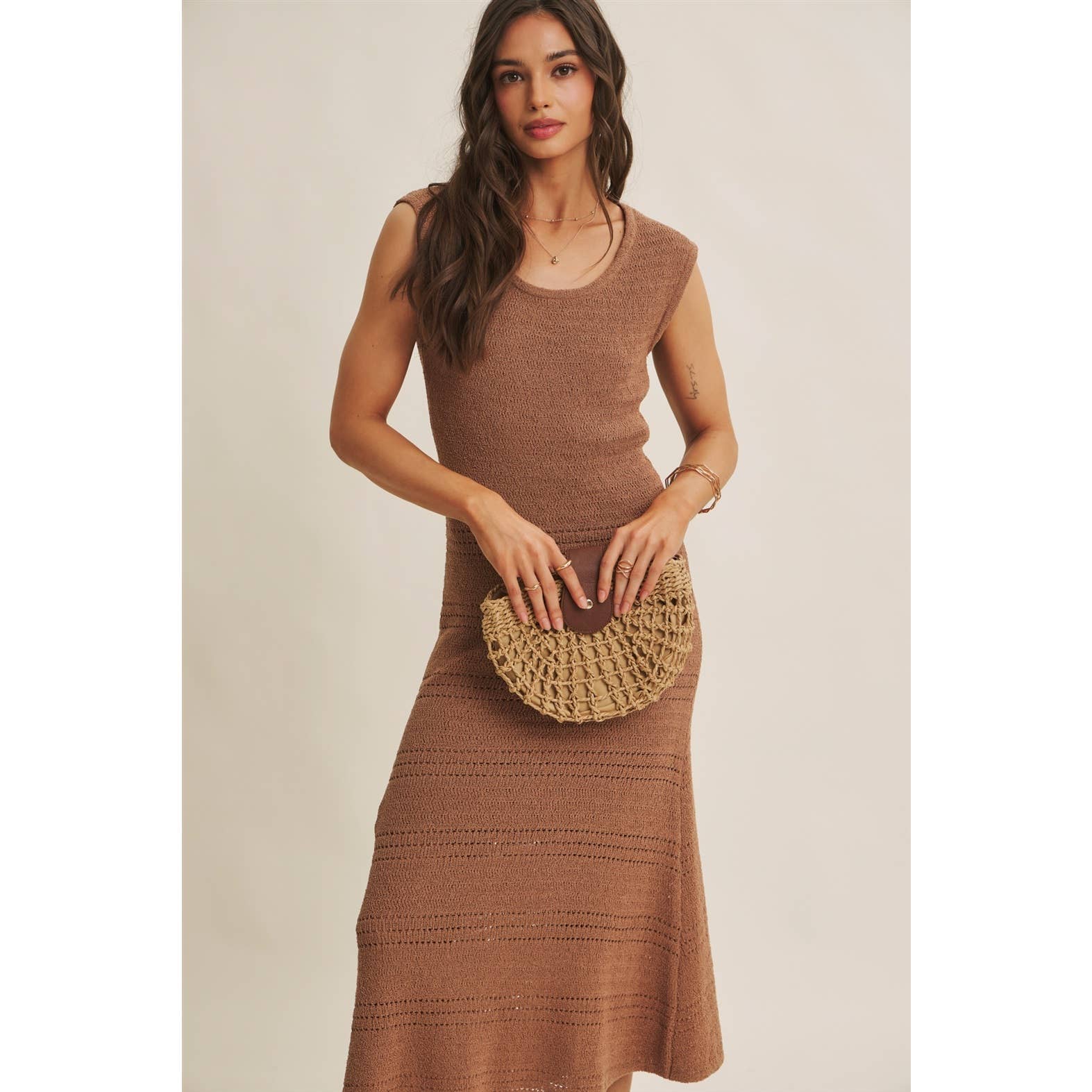 MINIMAL MUSE DROP SHOULDER FITTED TEXTURED KNIT MIDI DRESS