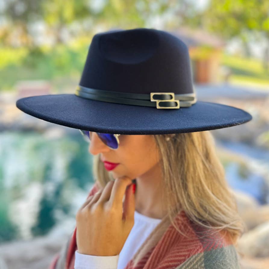 Sleek Black Fedora with Faux Leather Double Buckle Trim