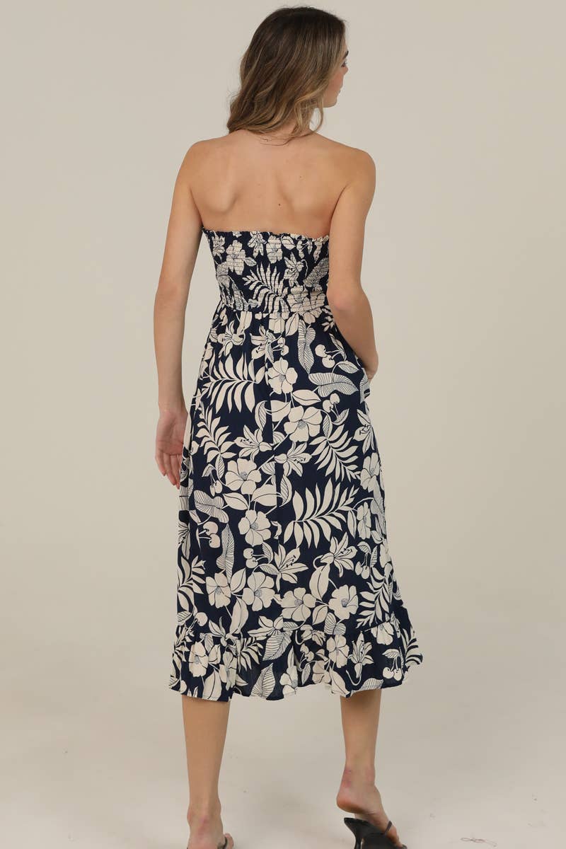 SMOCKED BODICE STRAPLESS MIDI DRESS W POCKETS
