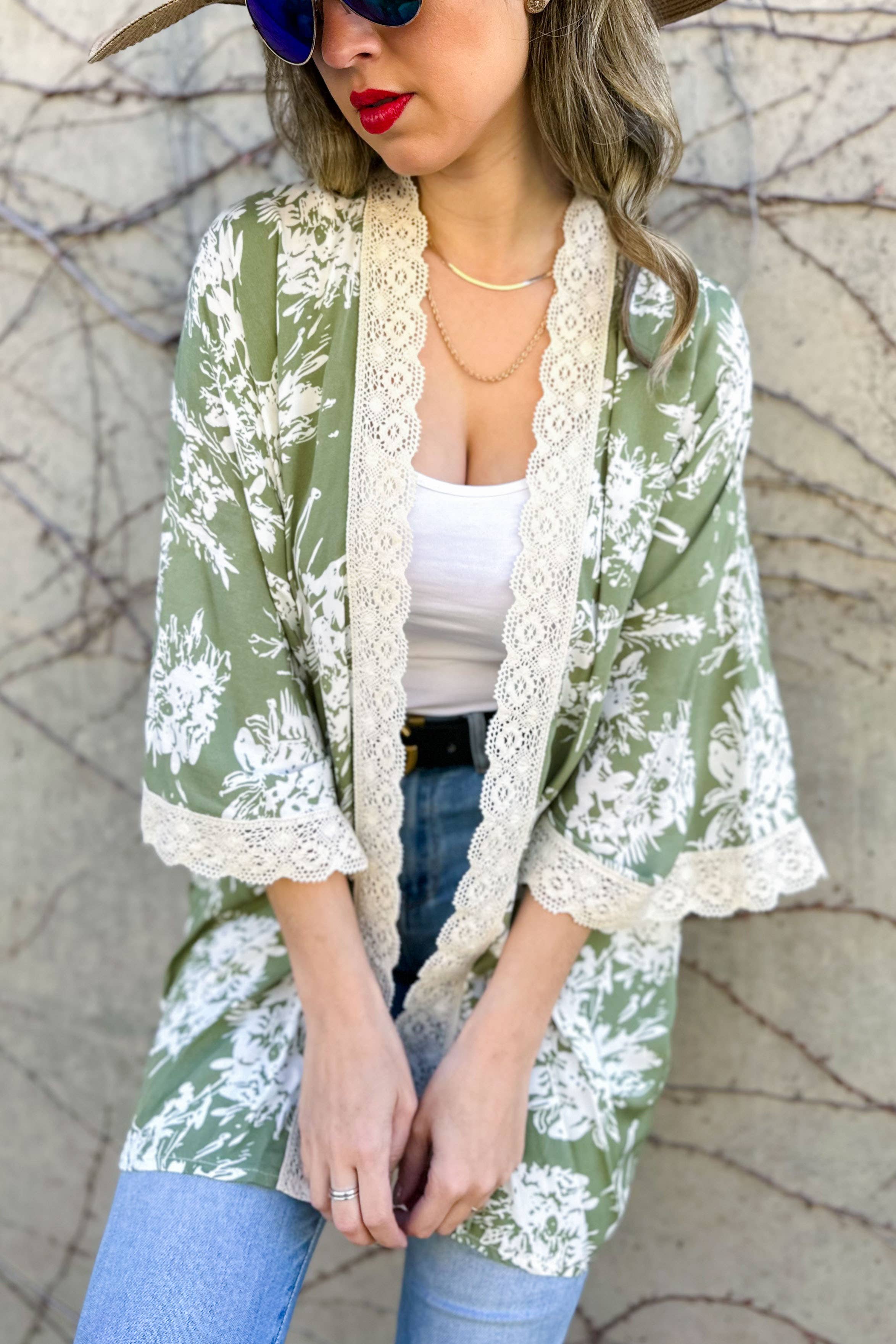 Olive Floral Print Lace Detail 3/4 Sleeve Kimono Cardigan
