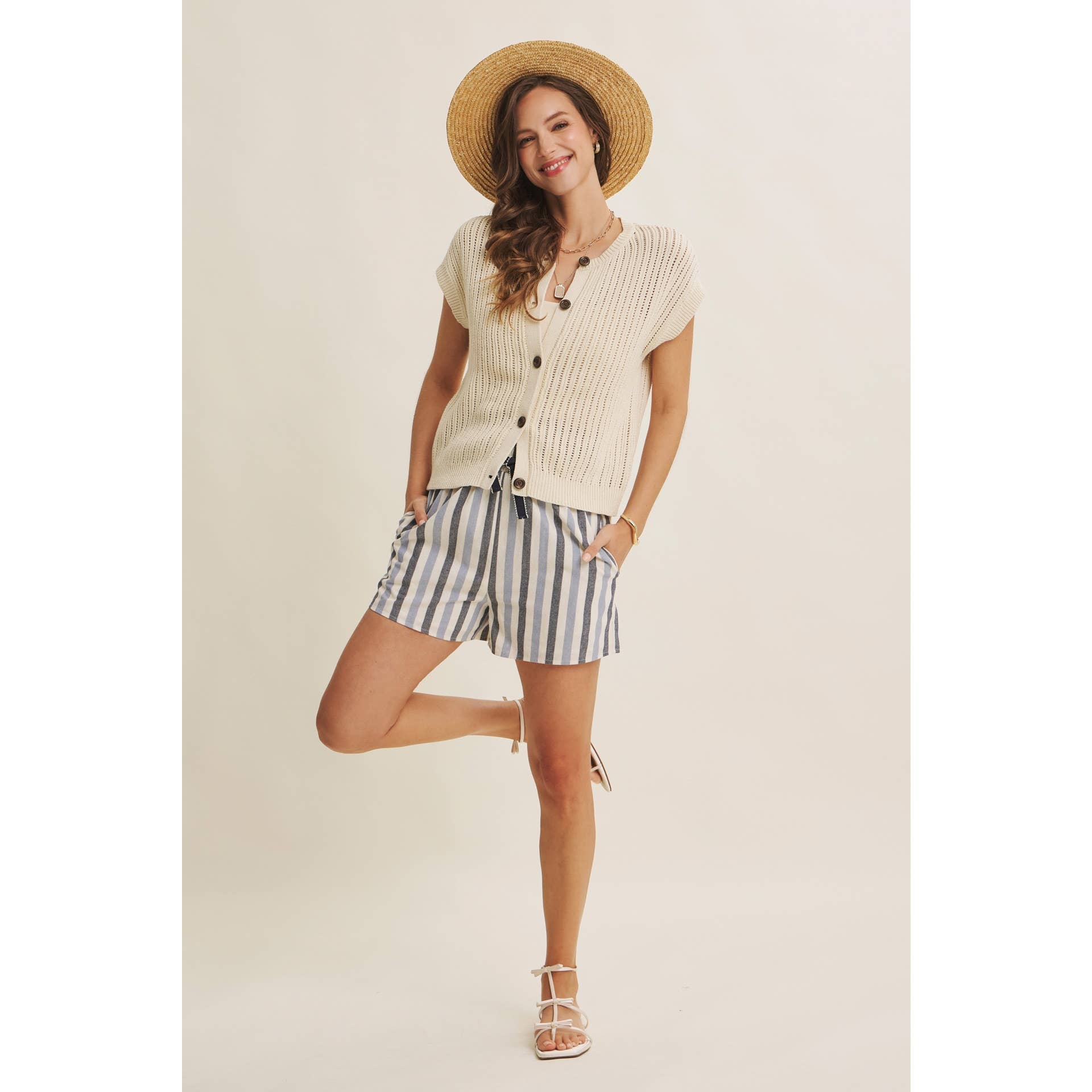 BREEZY NATURAL COTTON OPEN KNIT BUTTON-DOWN SWEATER VEST