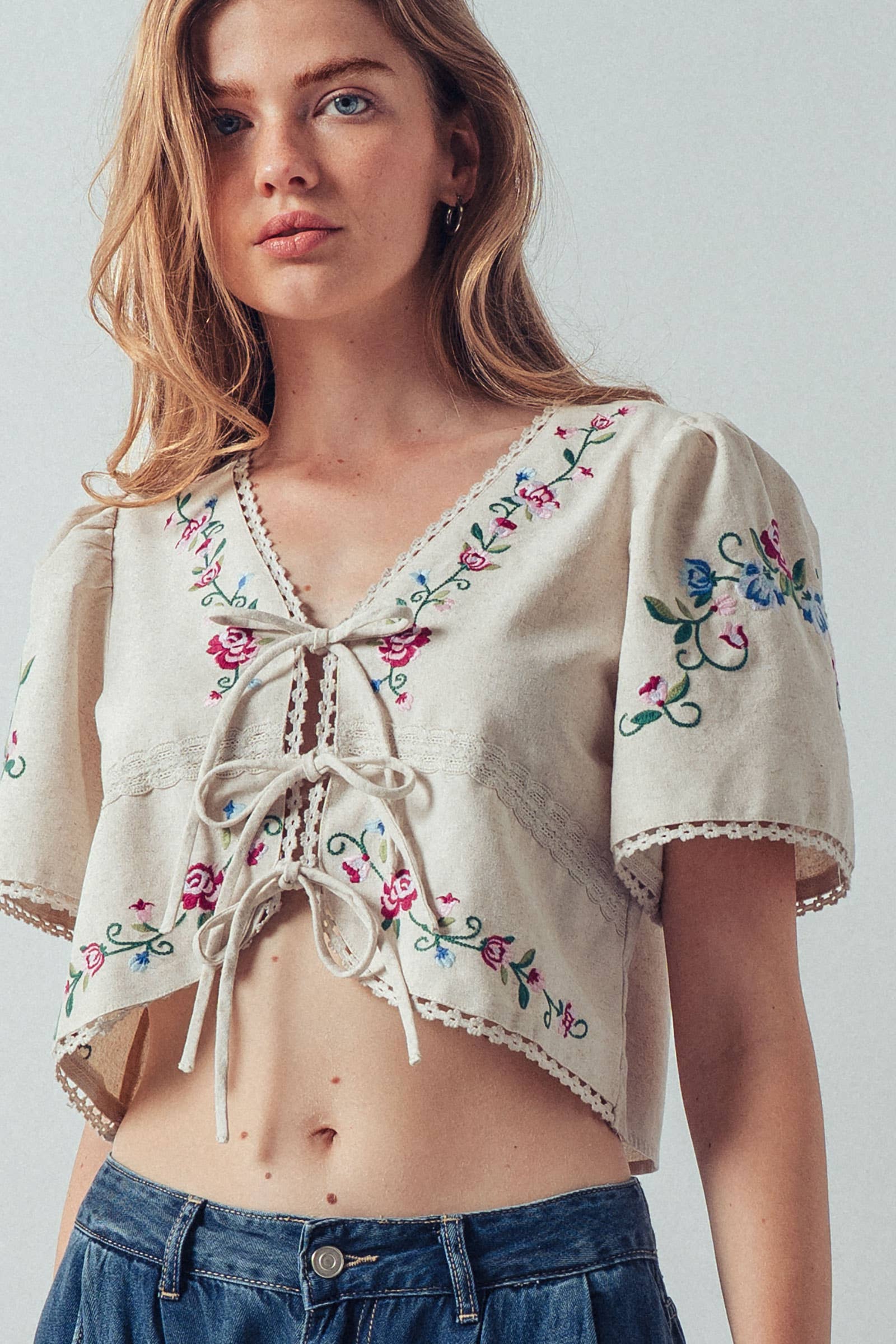 Embroidered Tie-Front Boho Crop Top
