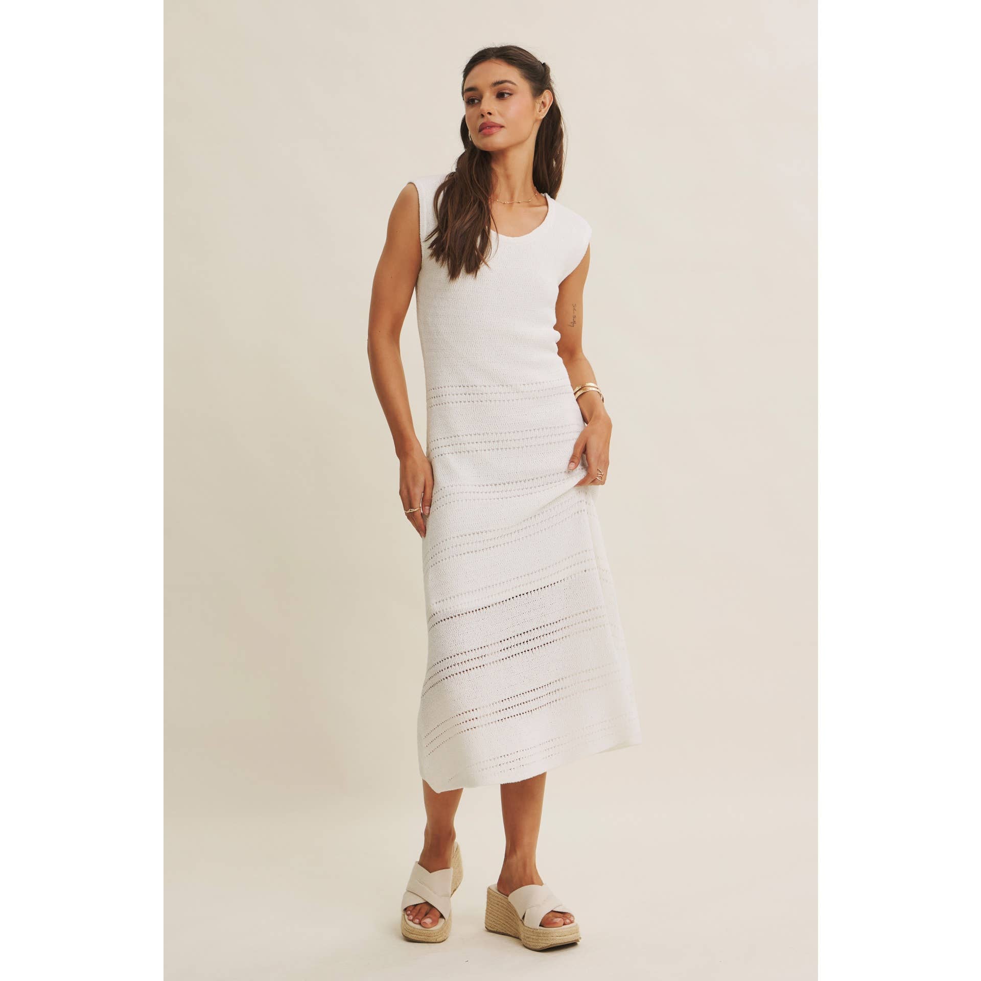 MINIMAL MUSE DROP SHOULDER FITTED TEXTURED KNIT MIDI DRESS