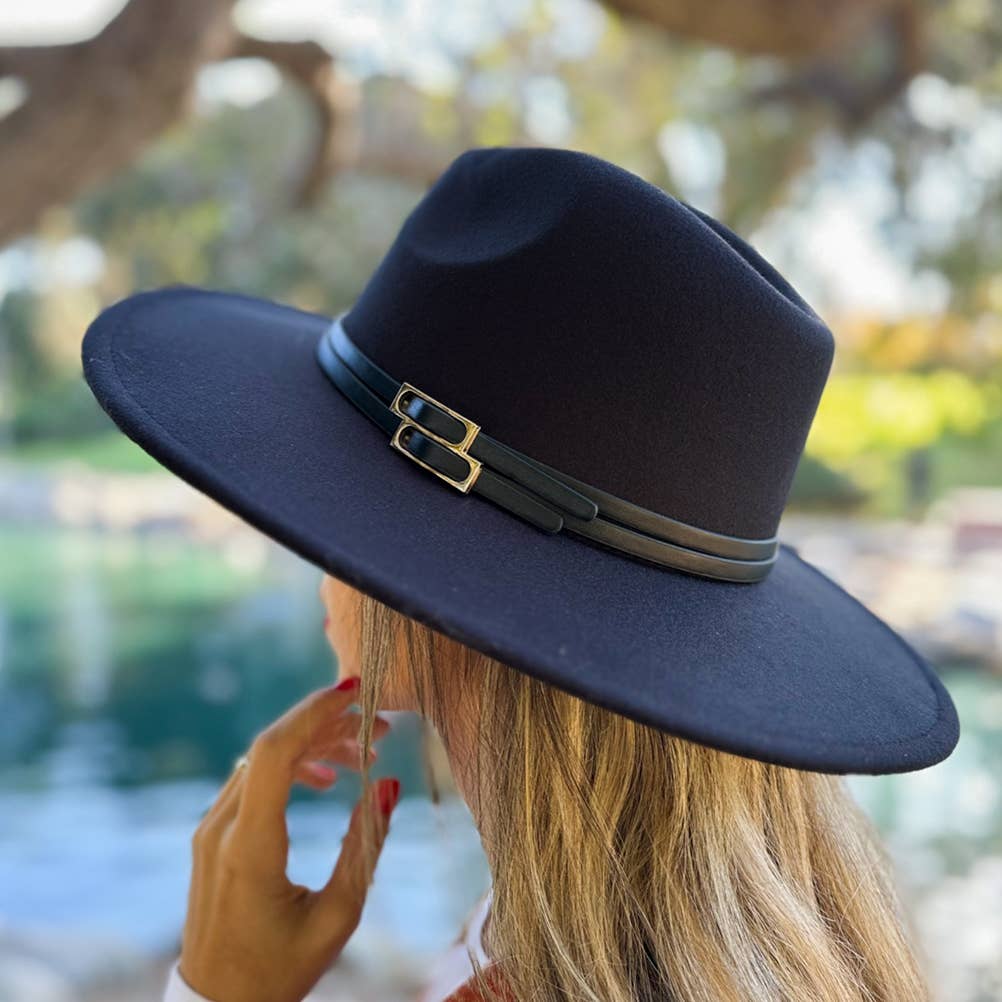 Sleek Black Fedora with Faux Leather Double Buckle Trim