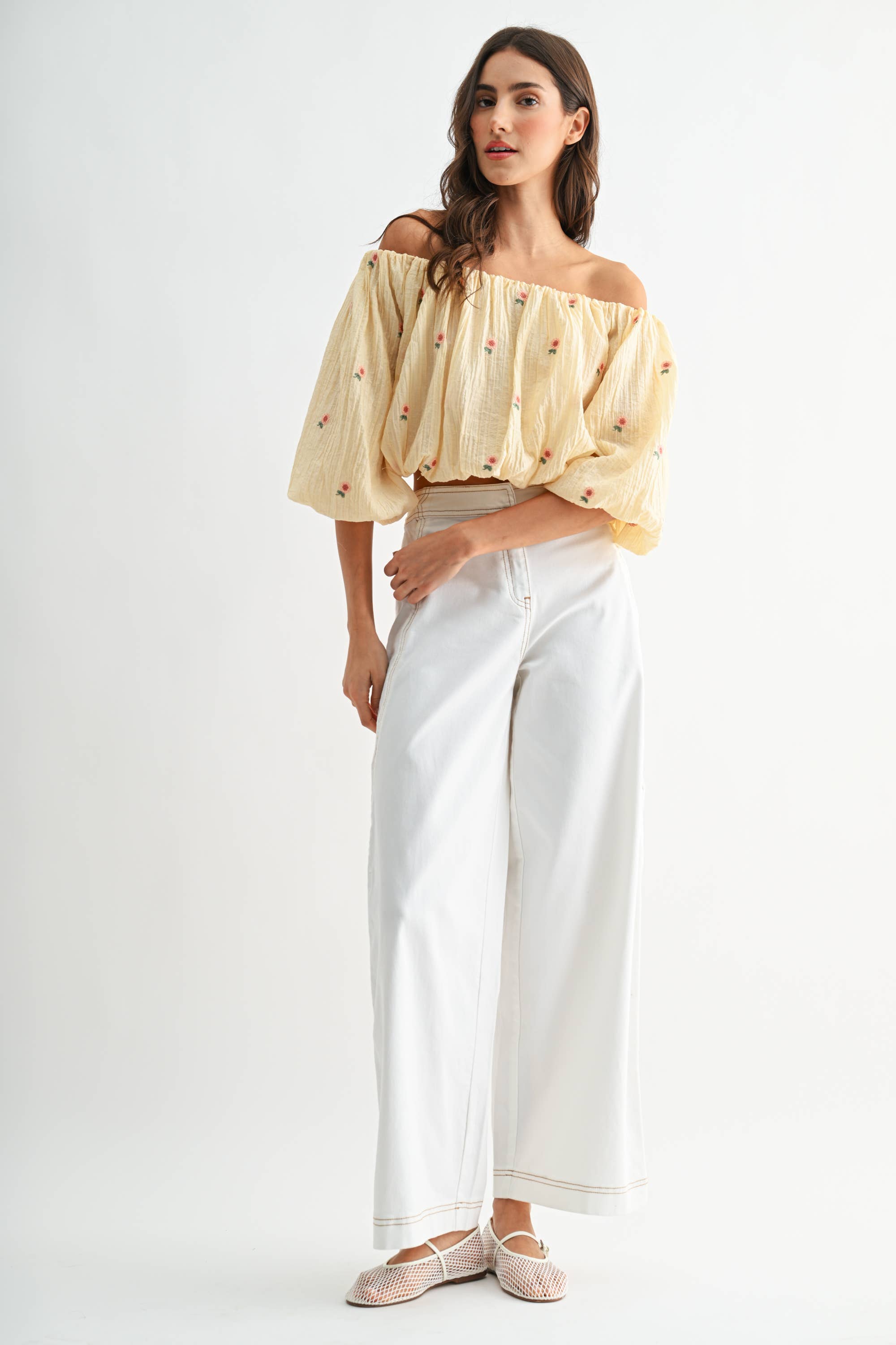 Off-Shoulder Floral Embroidered Blouse