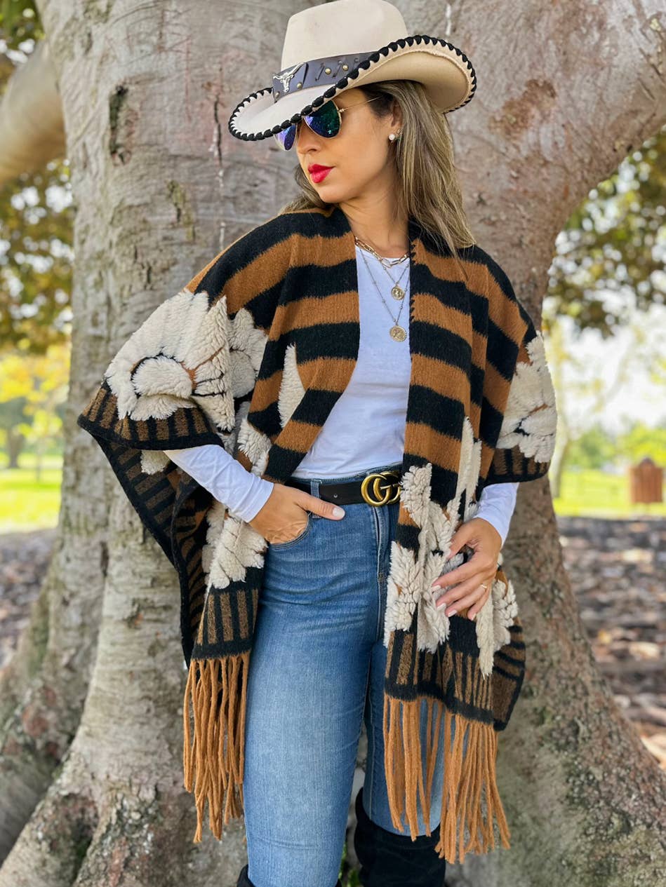 Brown Western Boho 3D Floral Stripe Fringe Ruana Cardigan