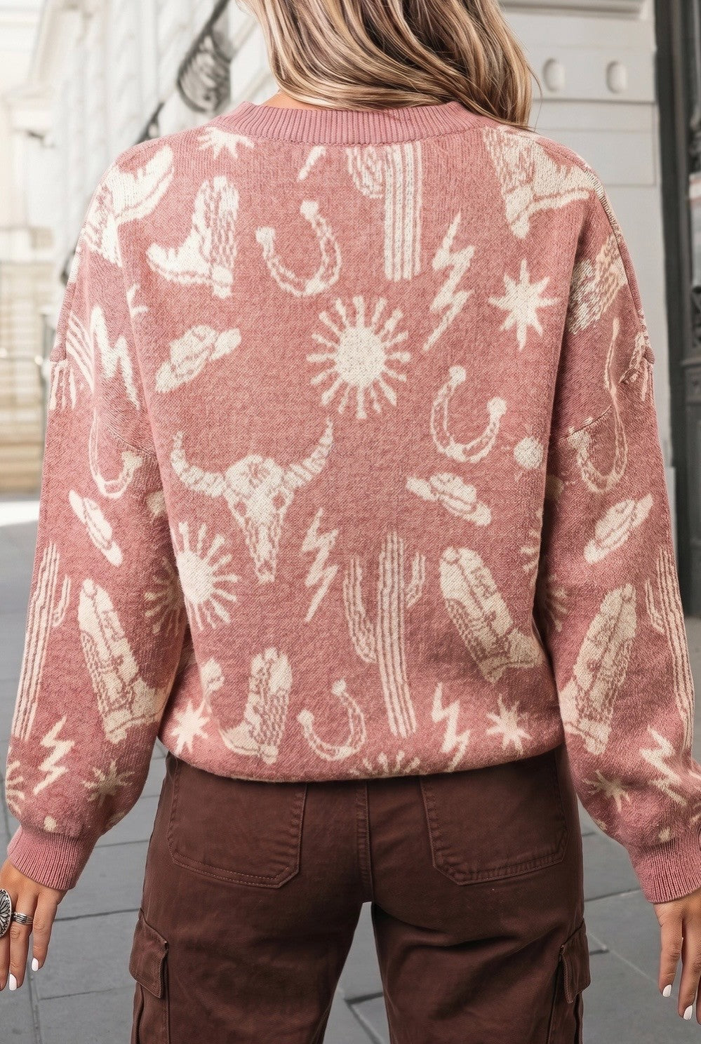 Western Drop Shoulder Round Neck Long Sleeve Sweater