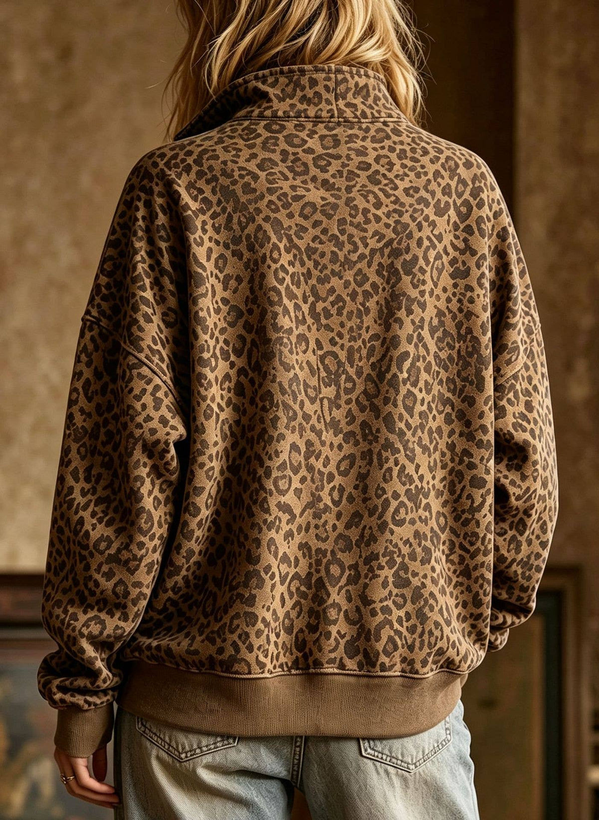 Women's Leopard Print Half Zip Pullover Sweatshirt